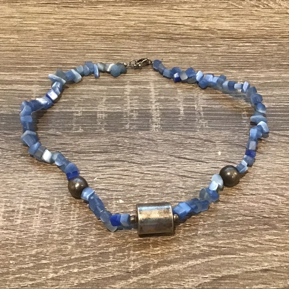 Vintage Sterling Silver Barrel Bead & Blue Glass Necklace Unique Clasp 15" Long